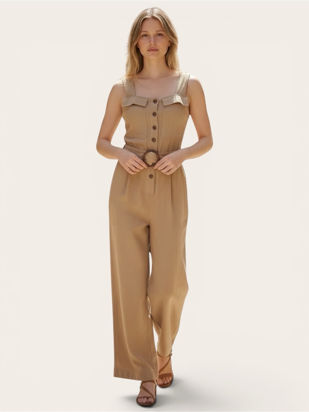 Remixmatch Beige/Tan Belted Wide Leg Jumpsuit Size M